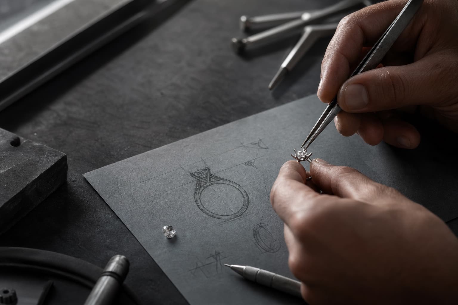 A jeweler holding an unfinished ring above a graphite drawing at a dark workbench