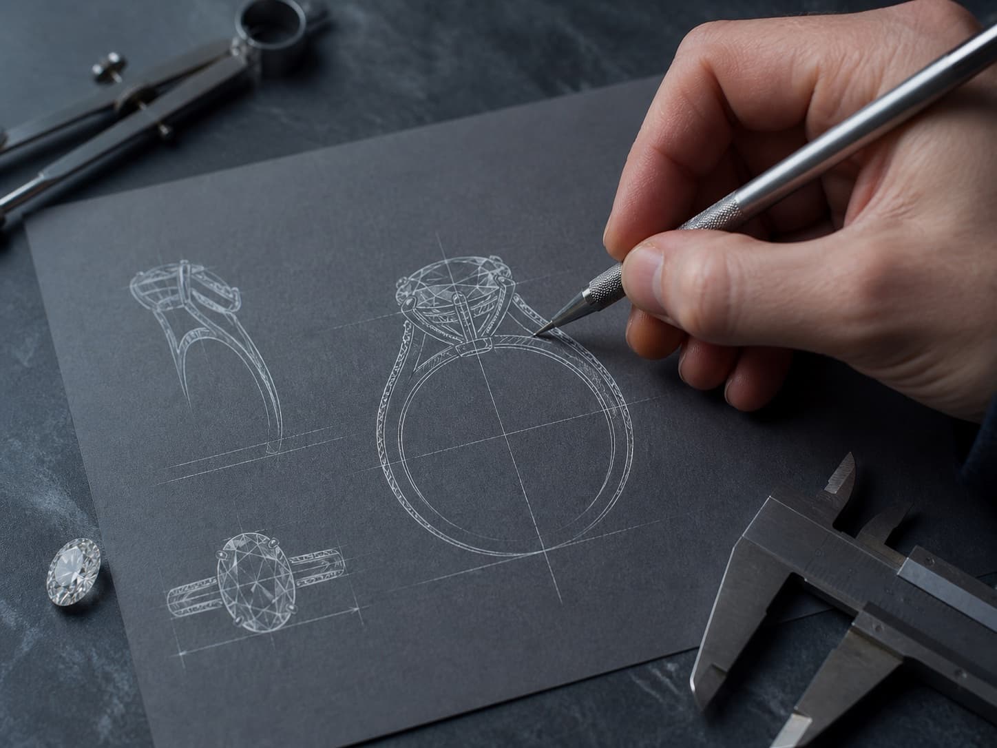 A jeweler drawing precise engagement-ring proportions beside an oval diamond