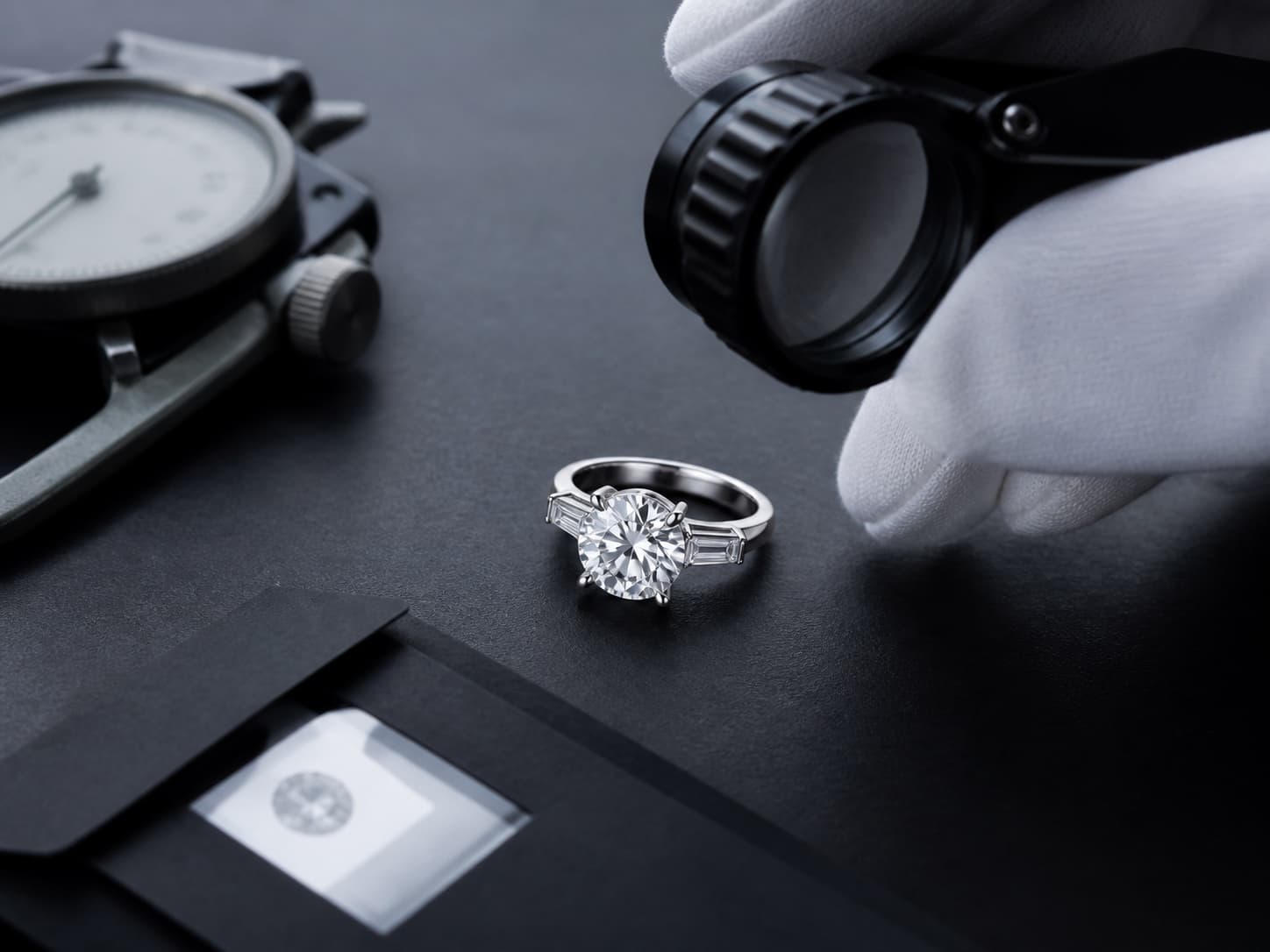 A platinum diamond ring undergoing final inspection with a loupe and precision gauge